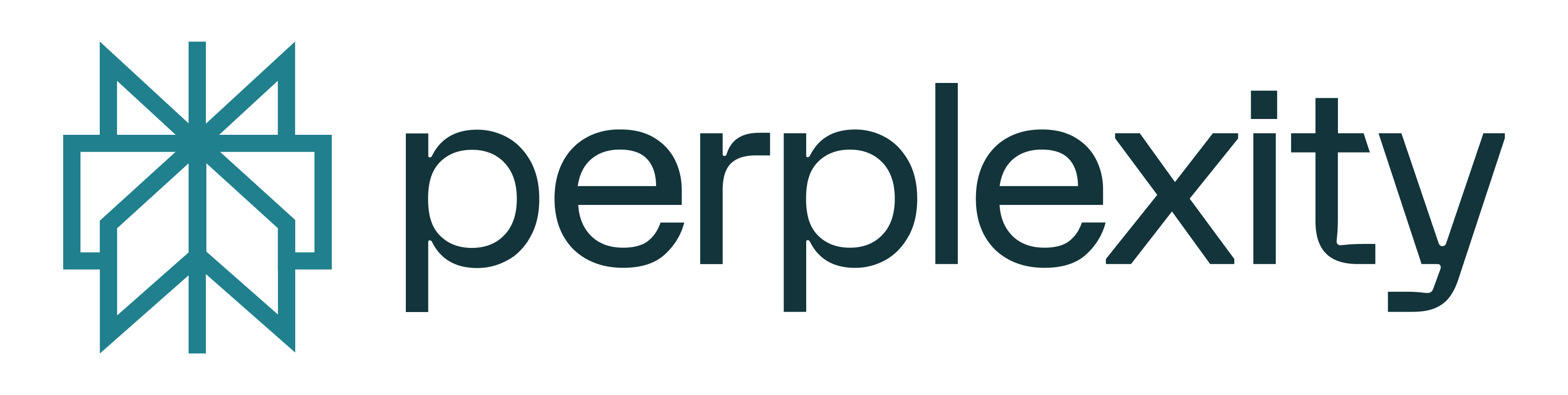 Perplexity AI logo featuring a dynamic blue asterisk-like icon resembling revolving doors or an open book, paired with lowercase sans-serif text in dark blue. The logo symbolizes knowledge discovery and AI-powered search capabilities.